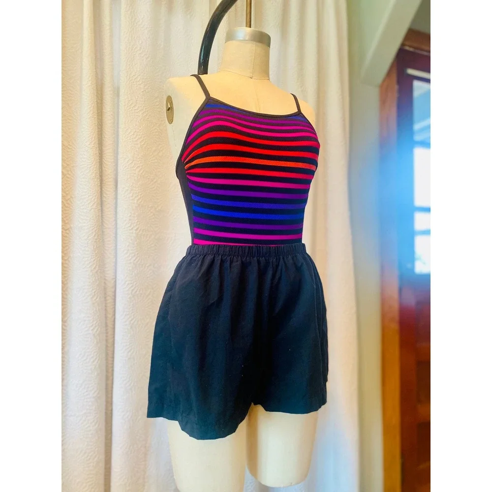 Vintage Le Cove‎ Striped Swimsuit with Built-In Shorts, Size 10